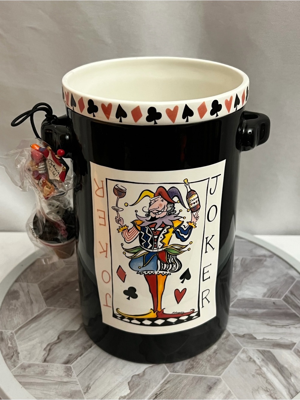 Mud Pie Joker Wild Ceramic Wine Cooler Utensil Crock with Cork Stopper 10”
